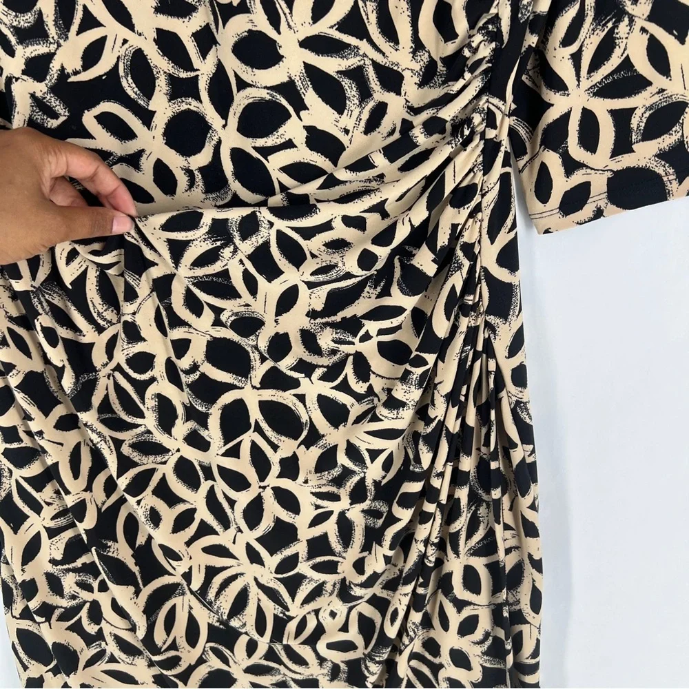 Ralph Lauren Black Tan Floral Stretch Jersey Knit 3/4 Sleeve Faux Wrap Dress 14W